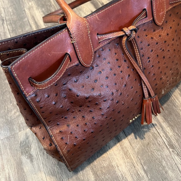 Dooney & Bourke Ariel Ostrich Leather Tote with Tassels in Cognac Magnetic Top - Picture 5 of 16